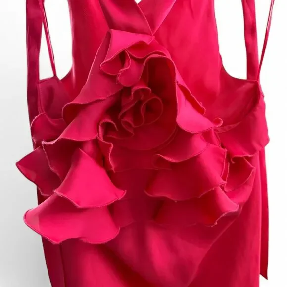 Hot pink ruffle blouse with adjustable criss cross strap, halter top style. - Picture 6 of 8